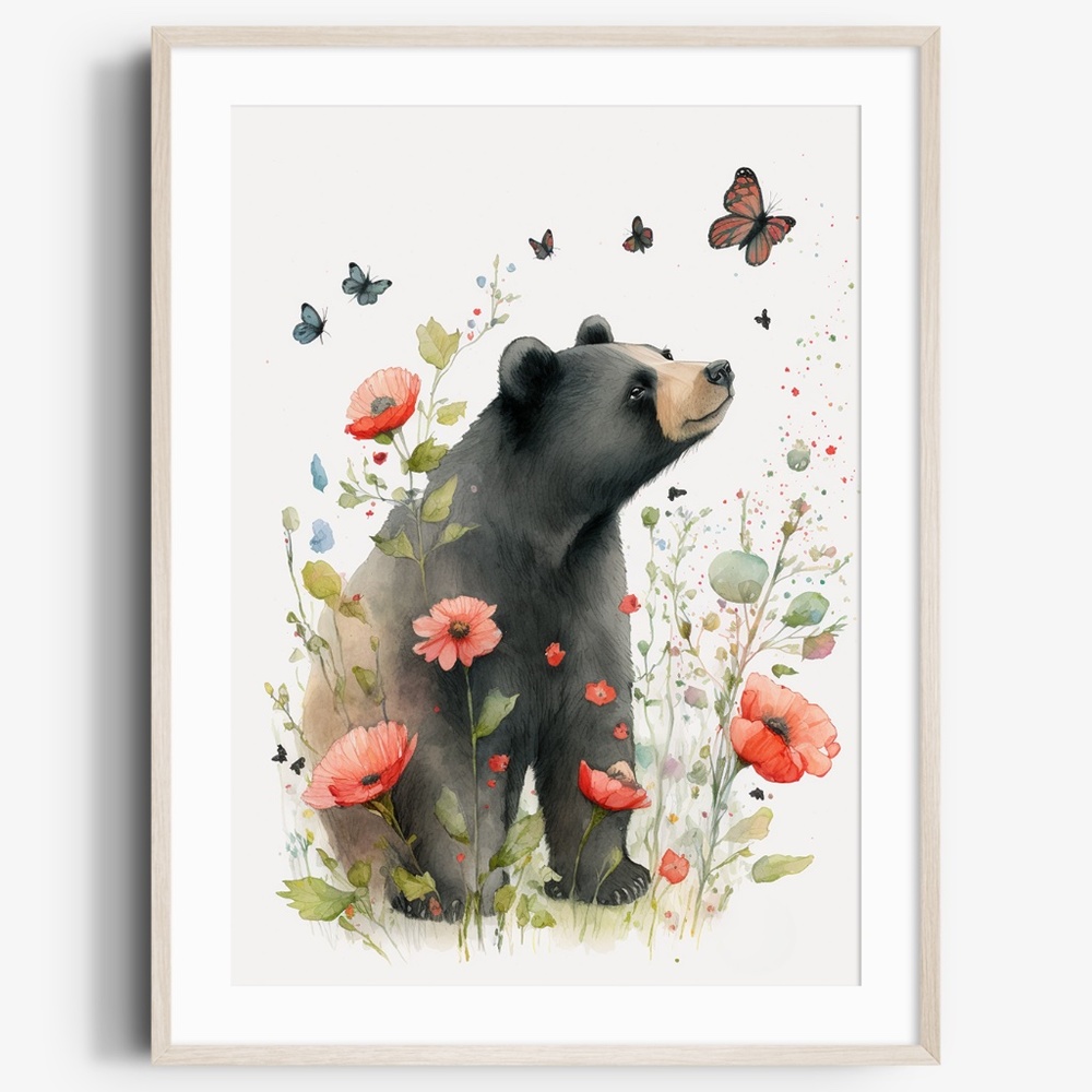 Watercolor Floral Black Bear Portrait Wall Art Illustration Print Unframed - Picture 1 of 6